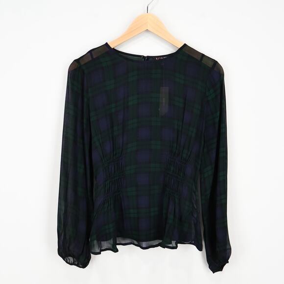 J.Crew Chiffon Shirred Waist Top Black Watch Tartan Preppy Plaid Size 2 NWT - Picture 6 of 9